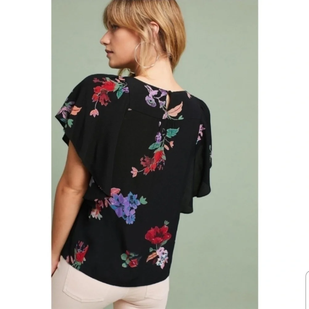 Anthropologie Maeve Black Floral Flutter Sleeve Blouse Small